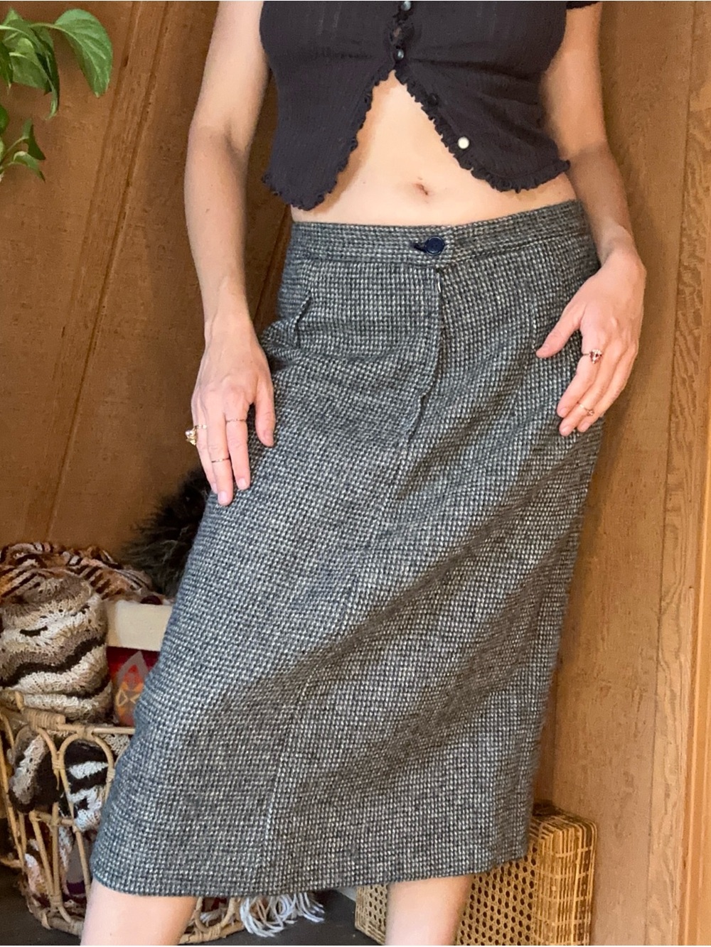 Vintage Handmade Wool Blend A-Line Midi Skirt - Gray Blue Tweed